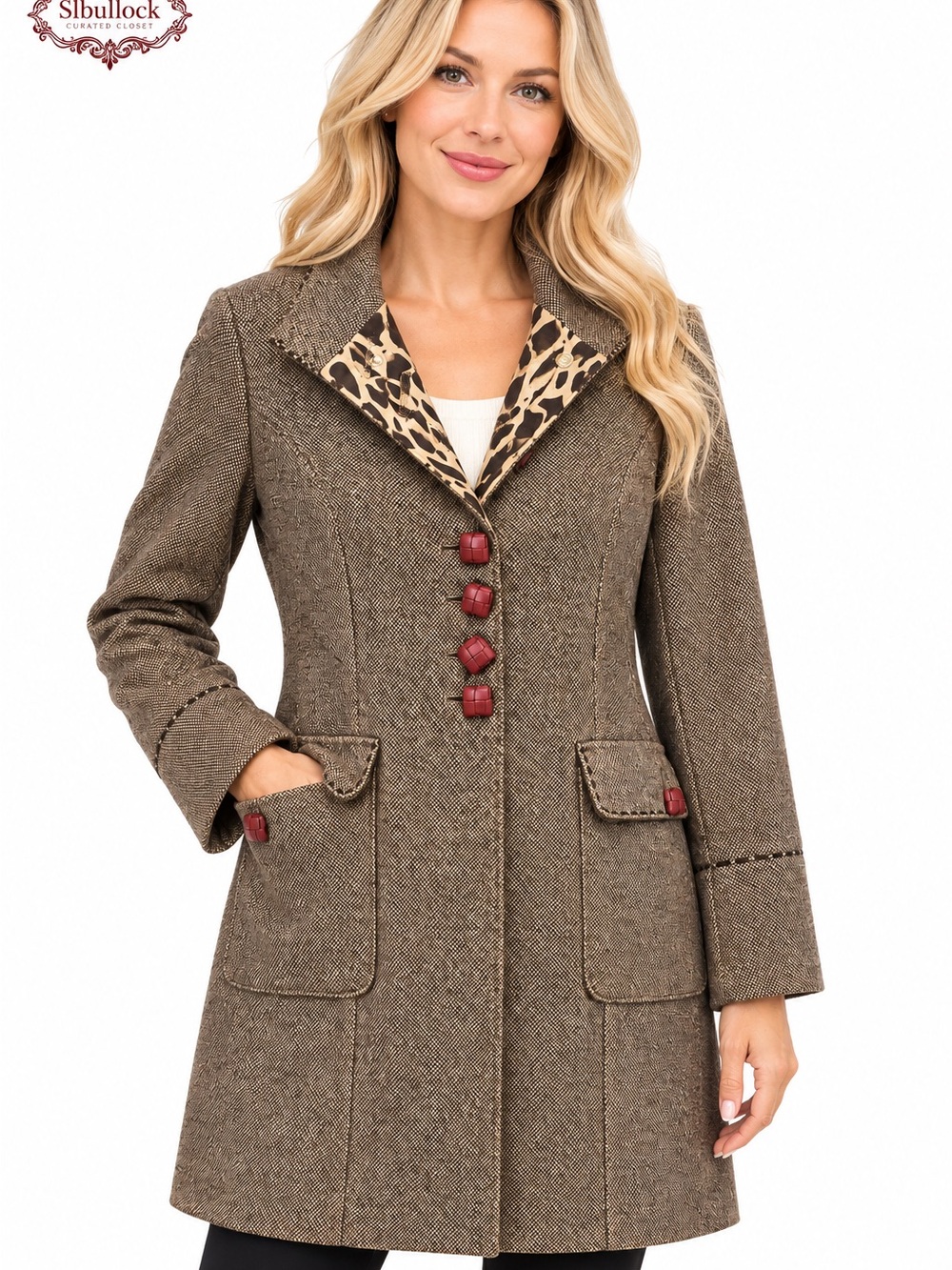 C37 Soft Surroundings Petite Medium Wool Blend Tweed Coat Animal Print Lining